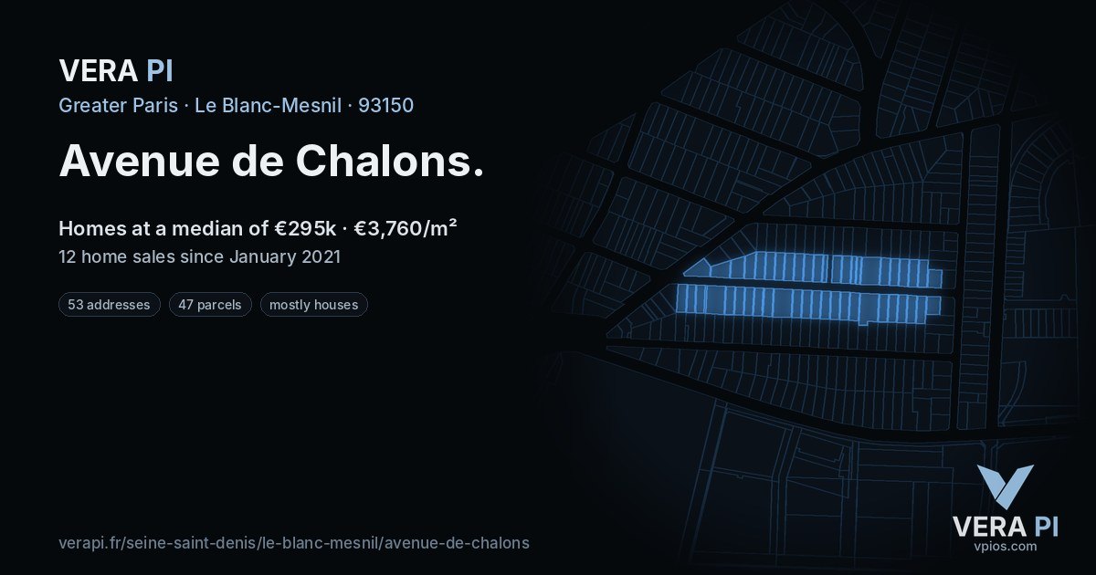 Avenue de Chalons, Le Blanc-Mesnil at night – every parcel coloured by the prices around it, the street's own parcels lit