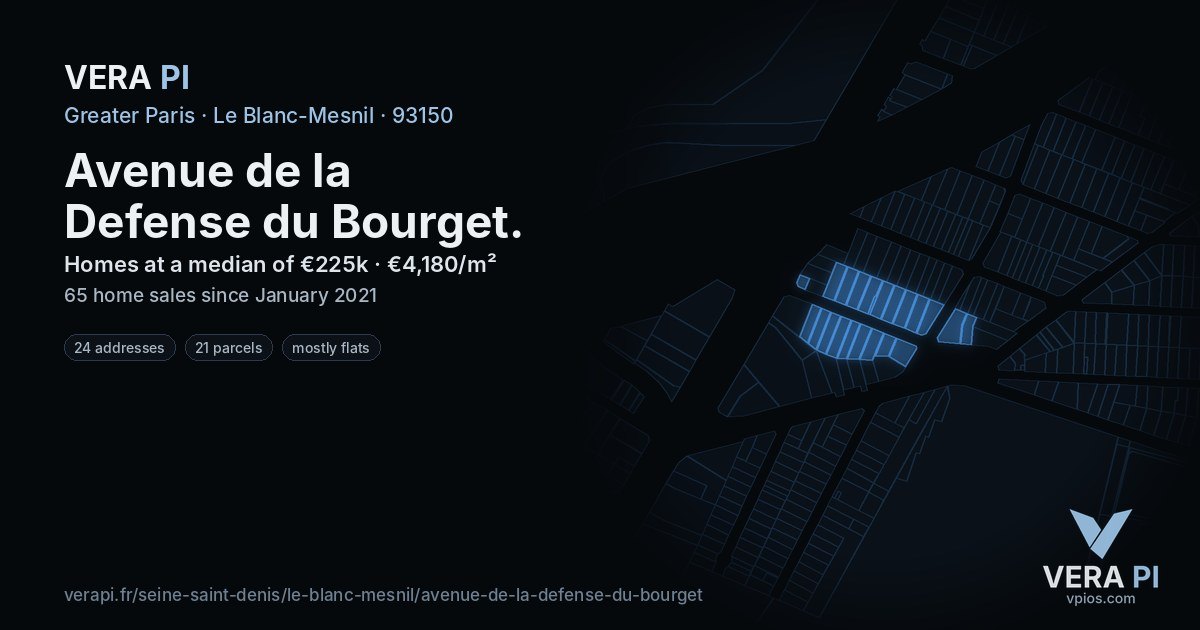 Avenue de la Defense du Bourget, Le Blanc-Mesnil at night – every parcel coloured by the prices around it, the street's own parcels lit