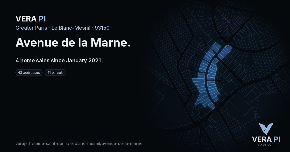 Avenue de la Marne, Le Blanc-Mesnil at night – every parcel coloured by the prices around it, the street's own parcels lit