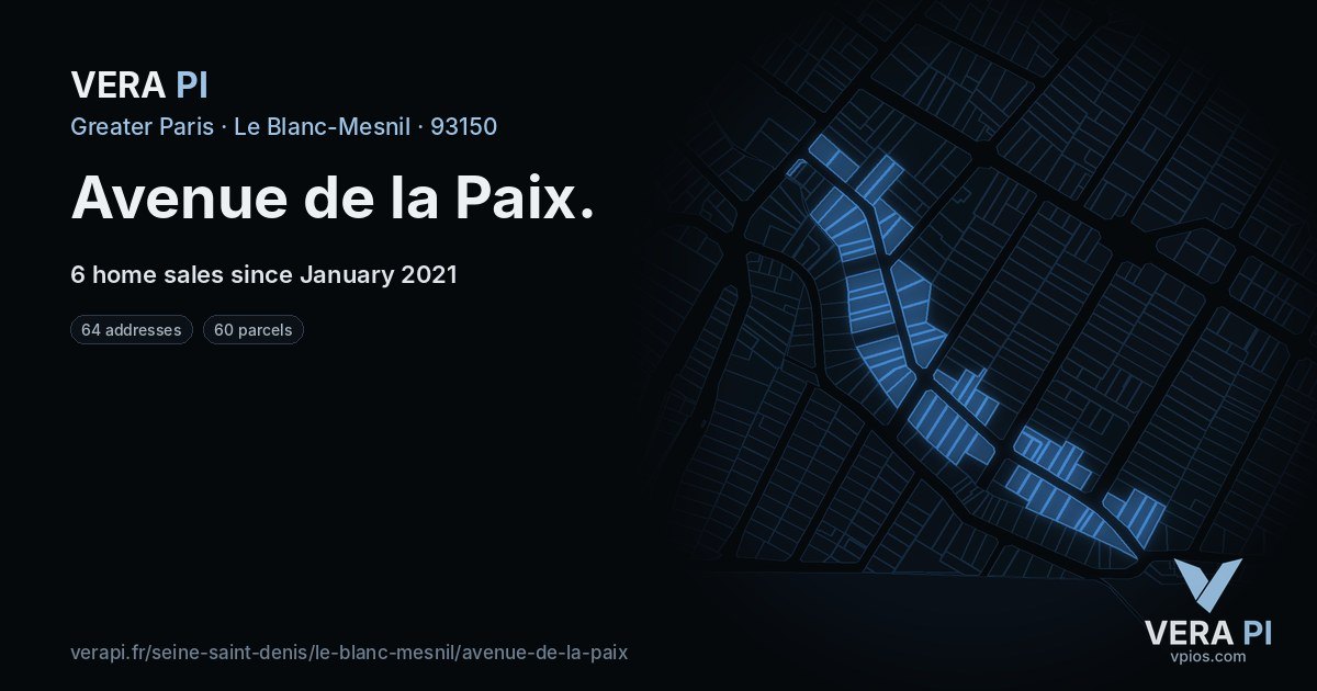 Avenue de la Paix, Le Blanc-Mesnil at night – every parcel coloured by the prices around it, the street's own parcels lit