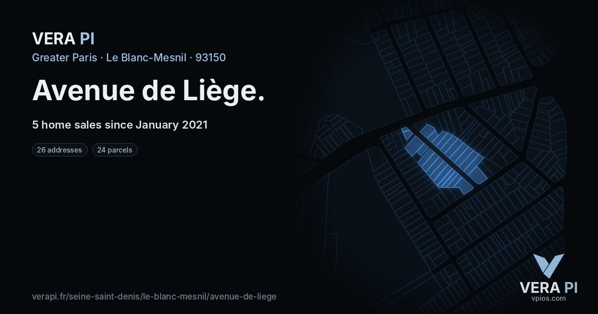 Avenue de Liège, Le Blanc-Mesnil at night – every parcel coloured by the prices around it, the street's own parcels lit