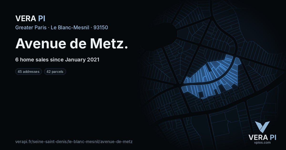 Avenue de Metz, Le Blanc-Mesnil at night – every parcel coloured by the prices around it, the street's own parcels lit