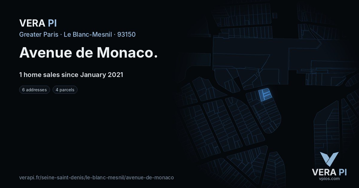 Avenue de Monaco, Le Blanc-Mesnil at night – every parcel coloured by the prices around it, the street's own parcels lit