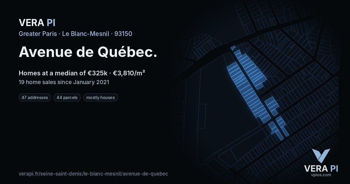 Avenue de Québec, Le Blanc-Mesnil at night – every parcel coloured by the prices around it, the street's own parcels lit