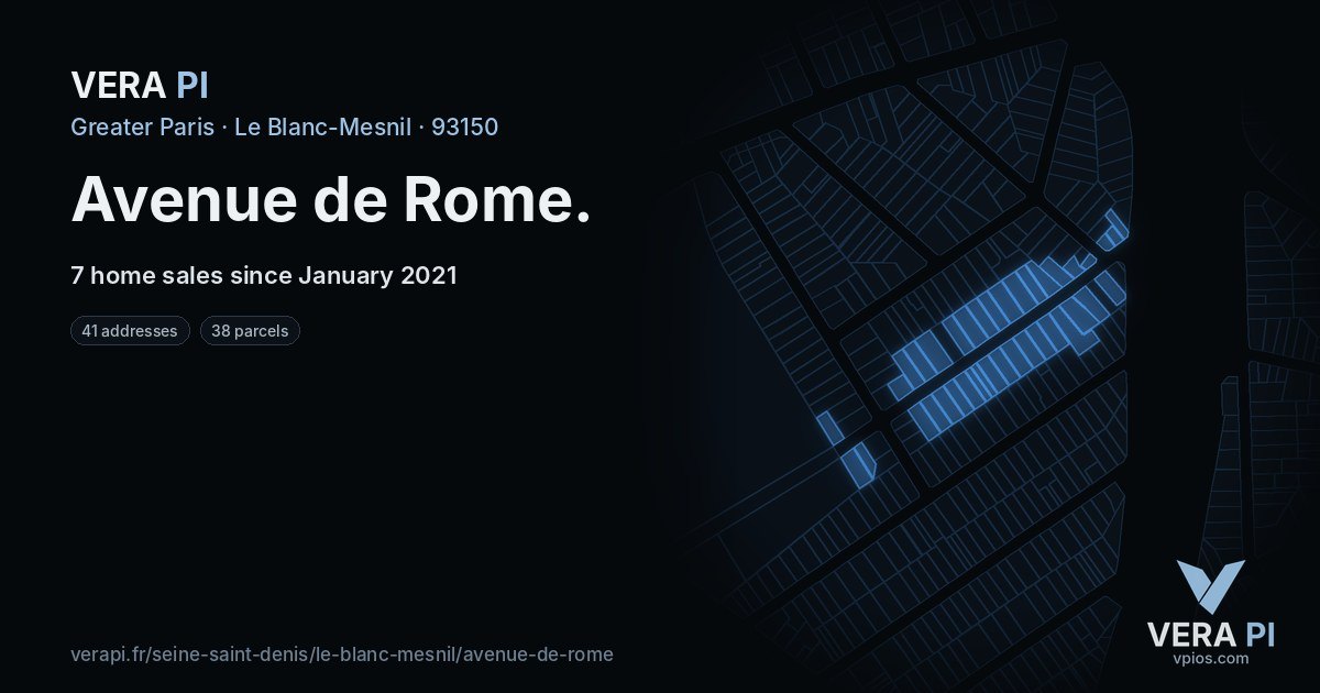 Avenue de Rome, Le Blanc-Mesnil at night – every parcel coloured by the prices around it, the street's own parcels lit