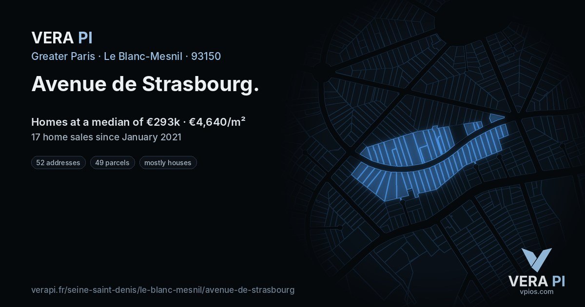 Avenue de Strasbourg, Le Blanc-Mesnil at night – every parcel coloured by the prices around it, the street's own parcels lit