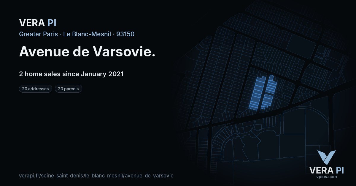Avenue de Varsovie, Le Blanc-Mesnil at night – every parcel coloured by the prices around it, the street's own parcels lit