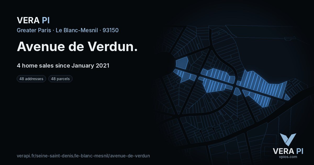Avenue de Verdun, Le Blanc-Mesnil at night – every parcel coloured by the prices around it, the street's own parcels lit