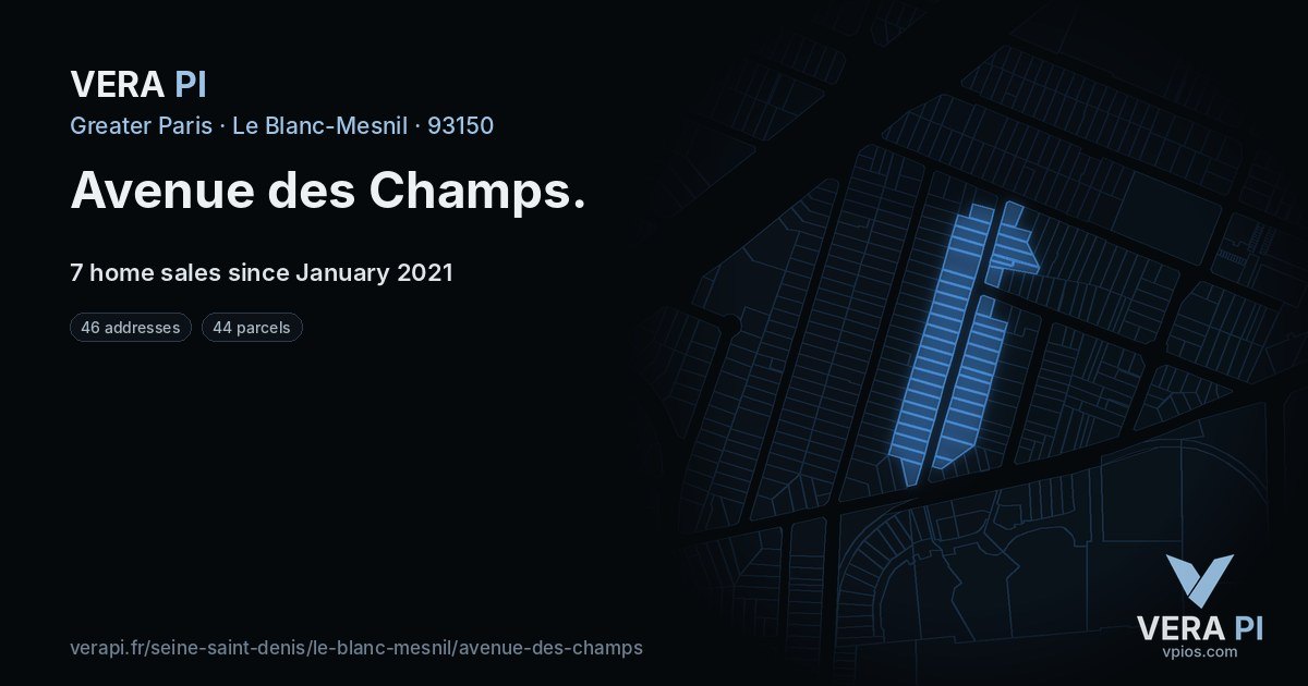 Avenue des Champs, Le Blanc-Mesnil at night – every parcel coloured by the prices around it, the street's own parcels lit