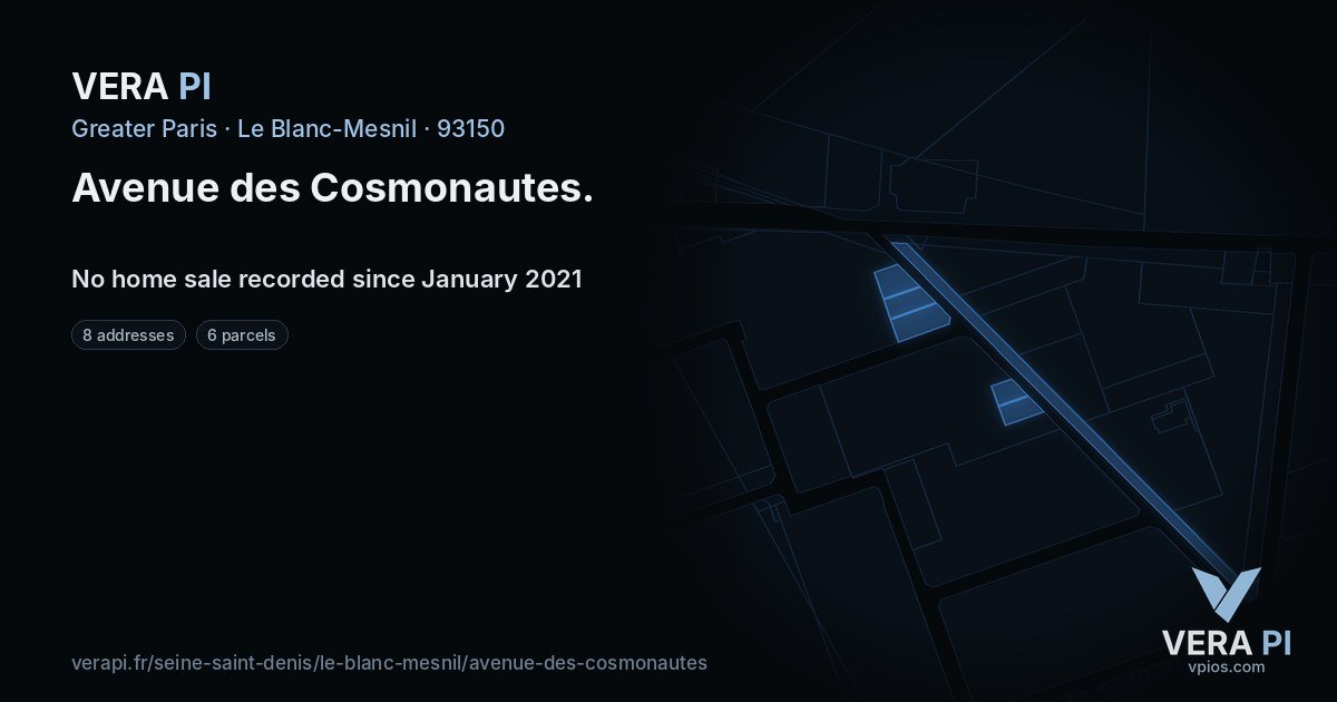 Avenue des Cosmonautes, Le Blanc-Mesnil at night – every parcel coloured by the prices around it, the street's own parcels lit