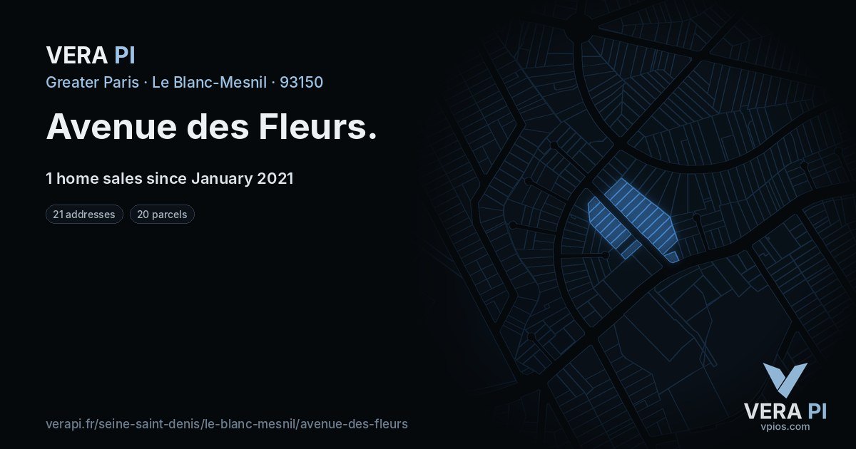 Avenue des Fleurs, Le Blanc-Mesnil at night – every parcel coloured by the prices around it, the street's own parcels lit