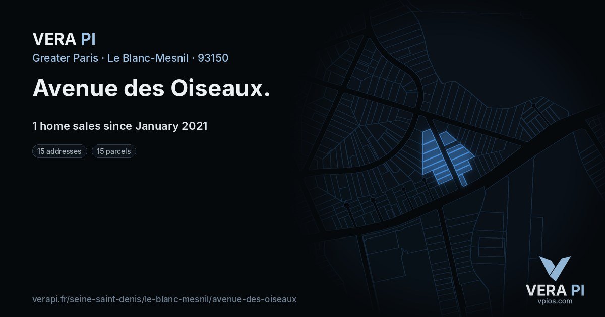 Avenue des Oiseaux, Le Blanc-Mesnil at night – every parcel coloured by the prices around it, the street's own parcels lit
