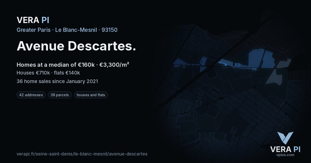 Avenue Descartes, Le Blanc-Mesnil at night – every parcel coloured by the prices around it, the street's own parcels lit