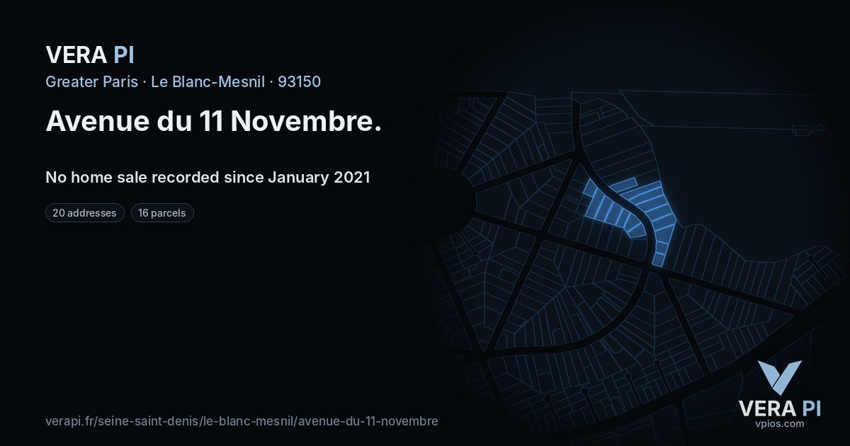 Avenue du 11 Novembre, Le Blanc-Mesnil at night – every parcel coloured by the prices around it, the street's own parcels lit