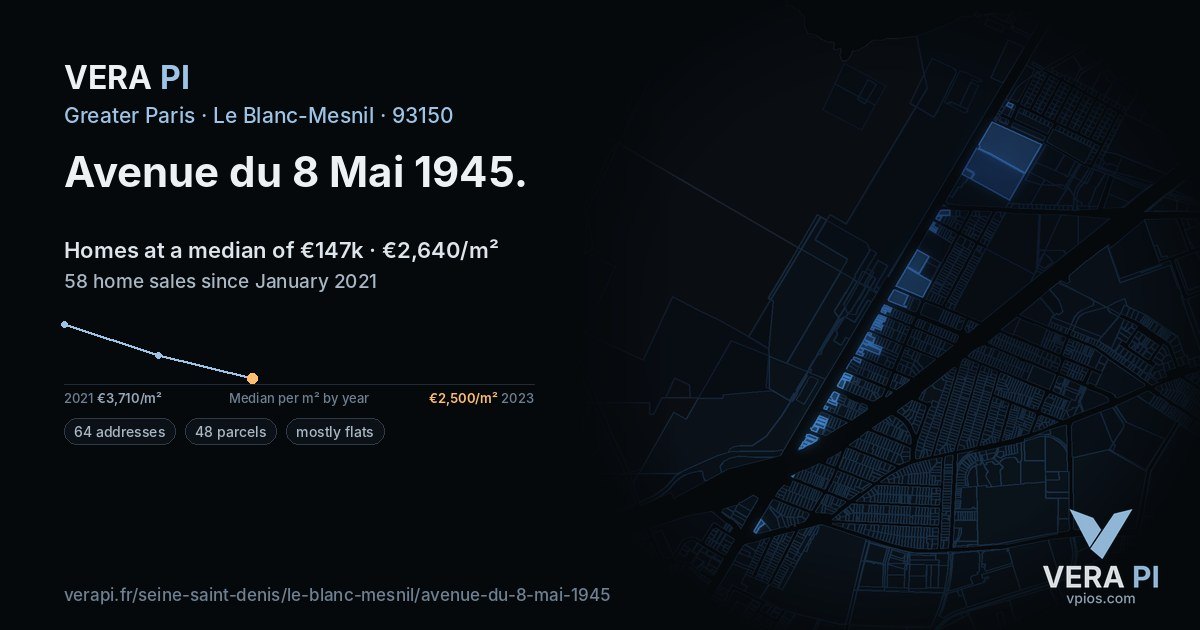 Avenue du 8 Mai 1945, Le Blanc-Mesnil at night – every parcel coloured by the prices around it, the street's own parcels lit