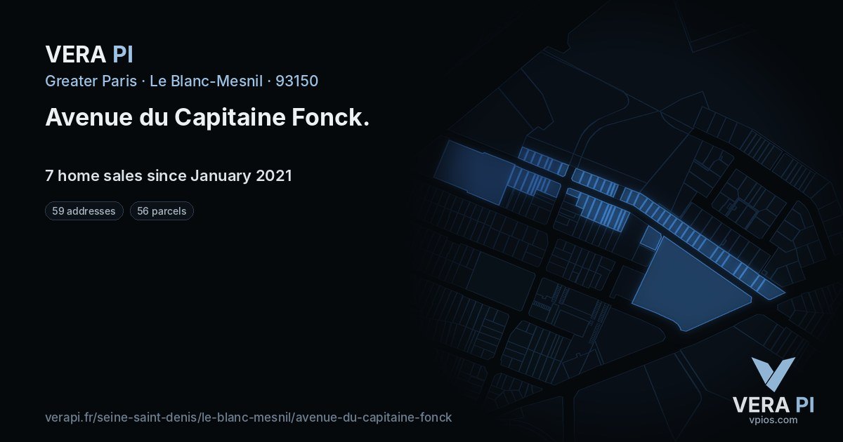 Avenue du Capitaine Fonck, Le Blanc-Mesnil at night – every parcel coloured by the prices around it, the street's own parcels lit