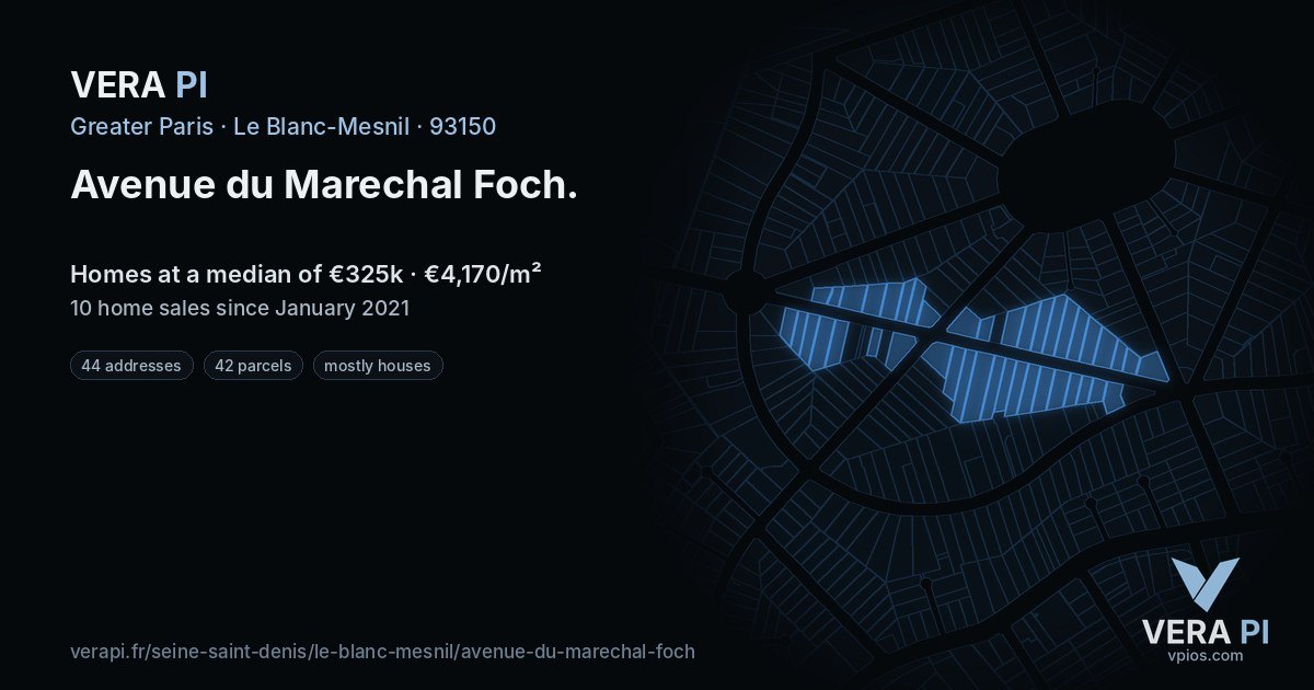 Avenue du Marechal Foch, Le Blanc-Mesnil at night – every parcel coloured by the prices around it, the street's own parcels lit