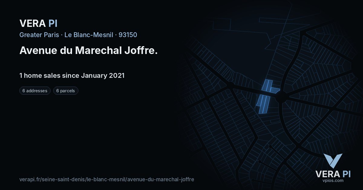 Avenue du Marechal Joffre, Le Blanc-Mesnil at night – every parcel coloured by the prices around it, the street's own parcels lit