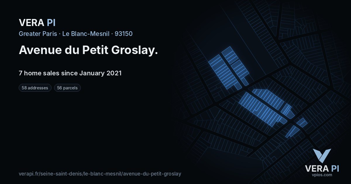 Avenue du Petit Groslay, Le Blanc-Mesnil at night – every parcel coloured by the prices around it, the street's own parcels lit