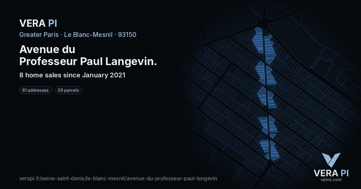 Avenue du Professeur Paul Langevin, Le Blanc-Mesnil at night – every parcel coloured by the prices around it, the street's own parcels lit