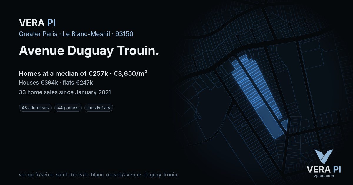 Avenue Duguay Trouin, Le Blanc-Mesnil at night – every parcel coloured by the prices around it, the street's own parcels lit