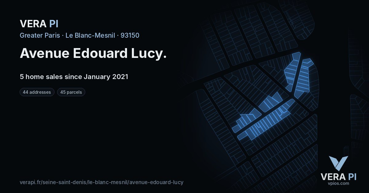 Avenue Edouard Lucy, Le Blanc-Mesnil at night – every parcel coloured by the prices around it, the street's own parcels lit