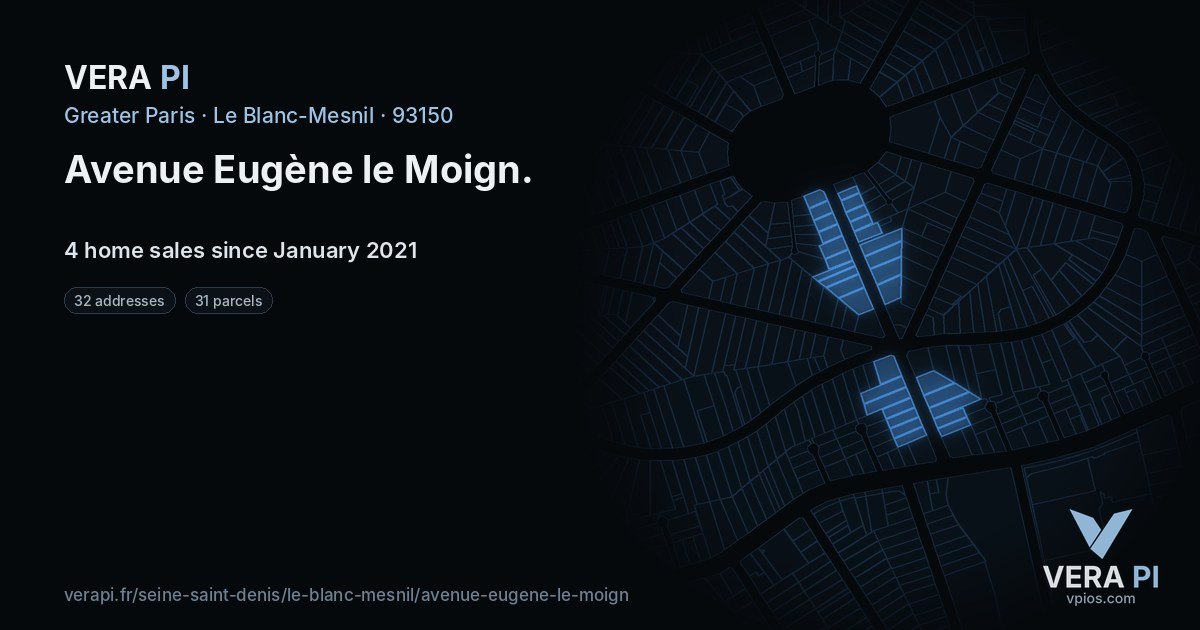 Avenue Eugène le Moign, Le Blanc-Mesnil at night – every parcel coloured by the prices around it, the street's own parcels lit