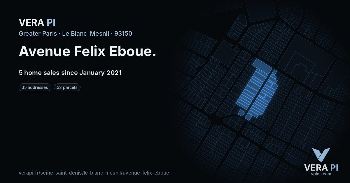 Avenue Felix Eboue, Le Blanc-Mesnil at night – every parcel coloured by the prices around it, the street's own parcels lit