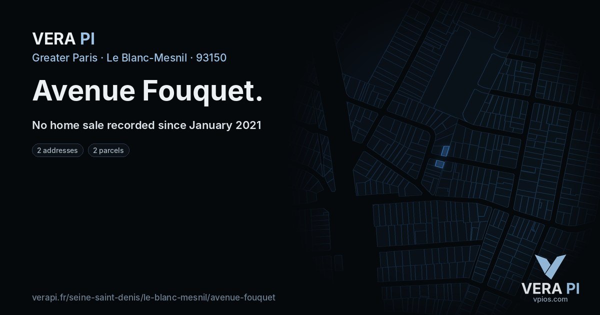 Avenue Fouquet, Le Blanc-Mesnil at night – every parcel coloured by the prices around it, the street's own parcels lit