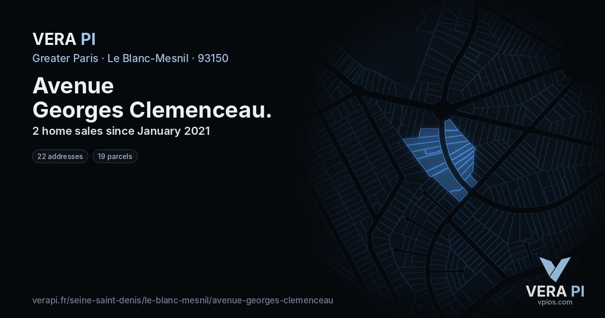 Avenue Georges Clemenceau, Le Blanc-Mesnil at night – every parcel coloured by the prices around it, the street's own parcels lit