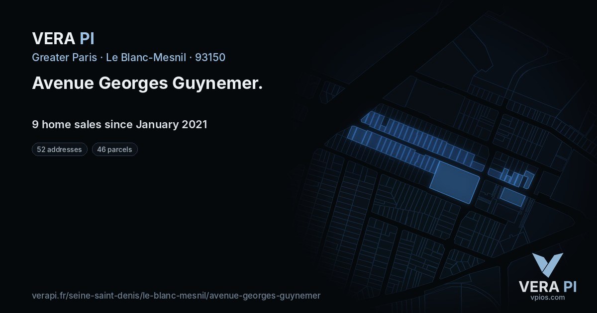 Avenue Georges Guynemer, Le Blanc-Mesnil at night – every parcel coloured by the prices around it, the street's own parcels lit