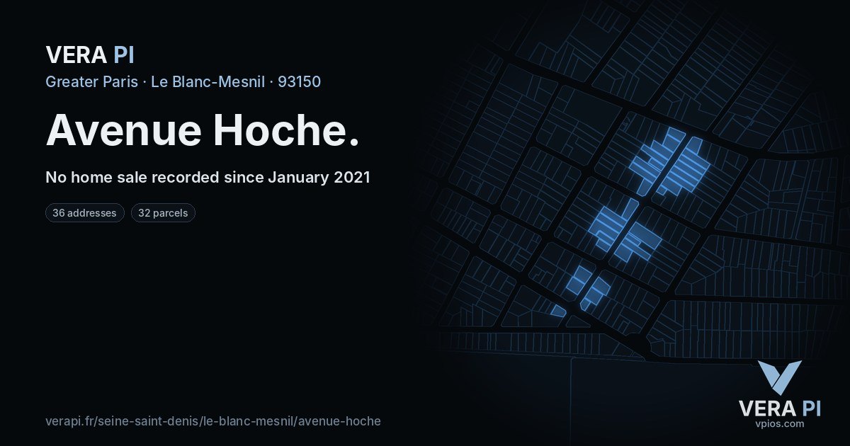 Avenue Hoche, Le Blanc-Mesnil at night – every parcel coloured by the prices around it, the street's own parcels lit