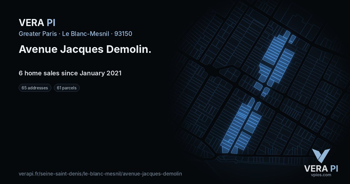 Avenue Jacques Demolin, Le Blanc-Mesnil at night – every parcel coloured by the prices around it, the street's own parcels lit