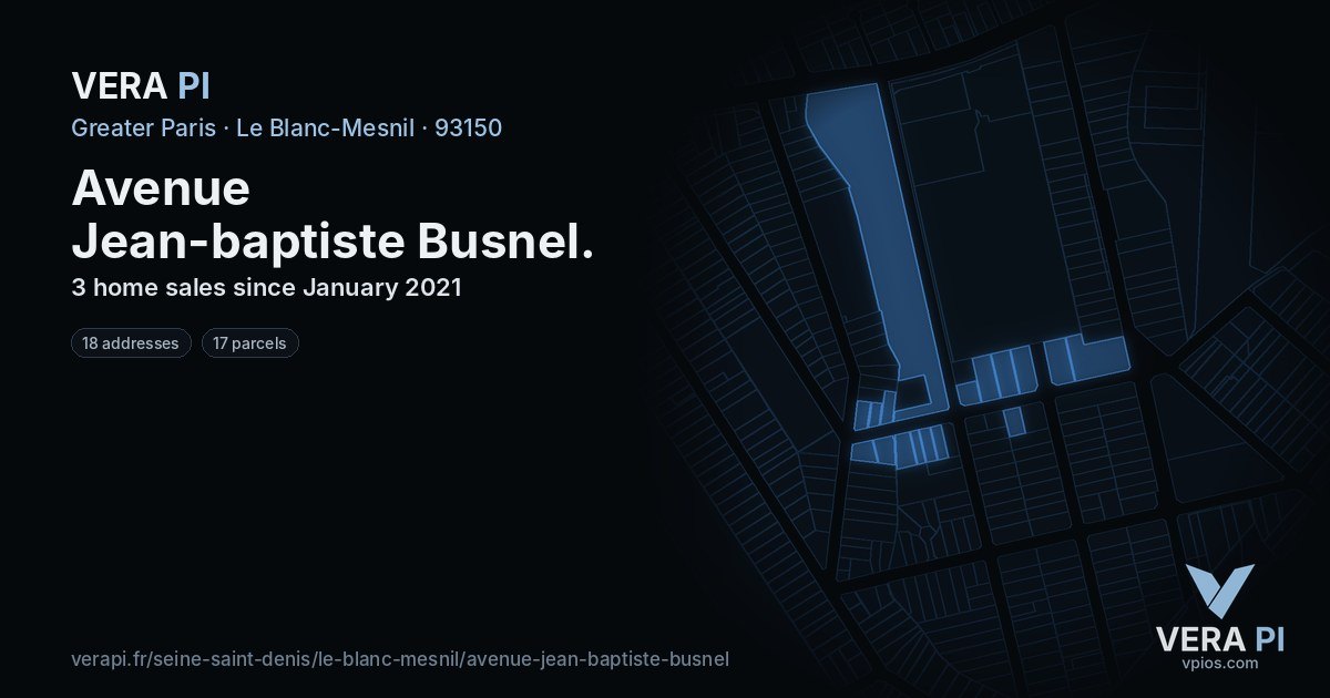 Avenue Jean-baptiste Busnel, Le Blanc-Mesnil at night – every parcel coloured by the prices around it, the street's own parcels lit