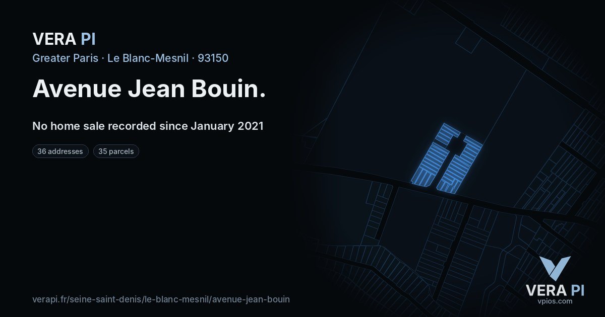 Avenue Jean Bouin, Le Blanc-Mesnil at night – every parcel coloured by the prices around it, the street's own parcels lit