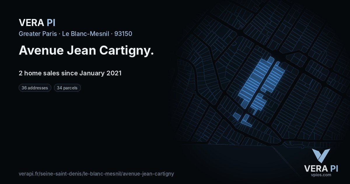 Avenue Jean Cartigny, Le Blanc-Mesnil at night – every parcel coloured by the prices around it, the street's own parcels lit