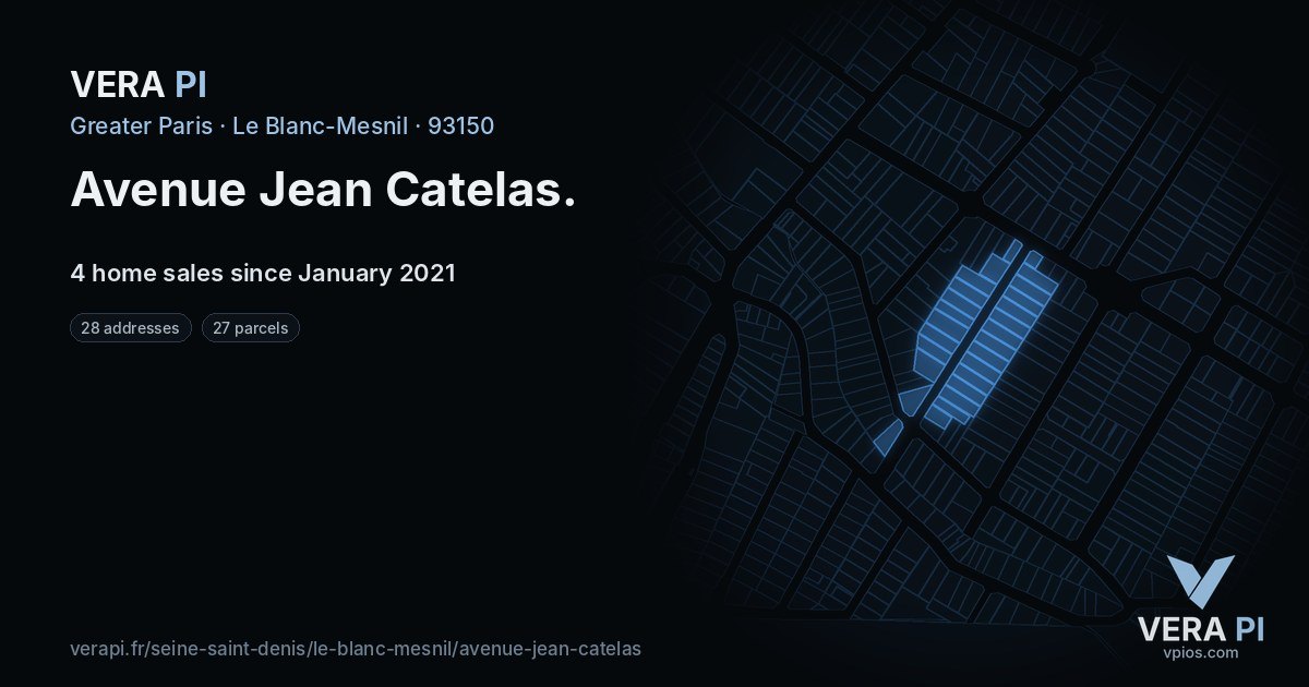 Avenue Jean Catelas, Le Blanc-Mesnil at night – every parcel coloured by the prices around it, the street's own parcels lit