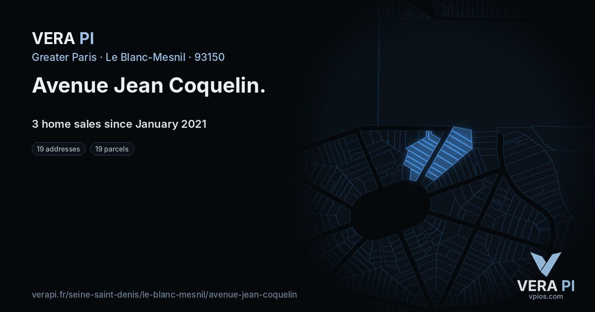 Avenue Jean Coquelin, Le Blanc-Mesnil at night – every parcel coloured by the prices around it, the street's own parcels lit