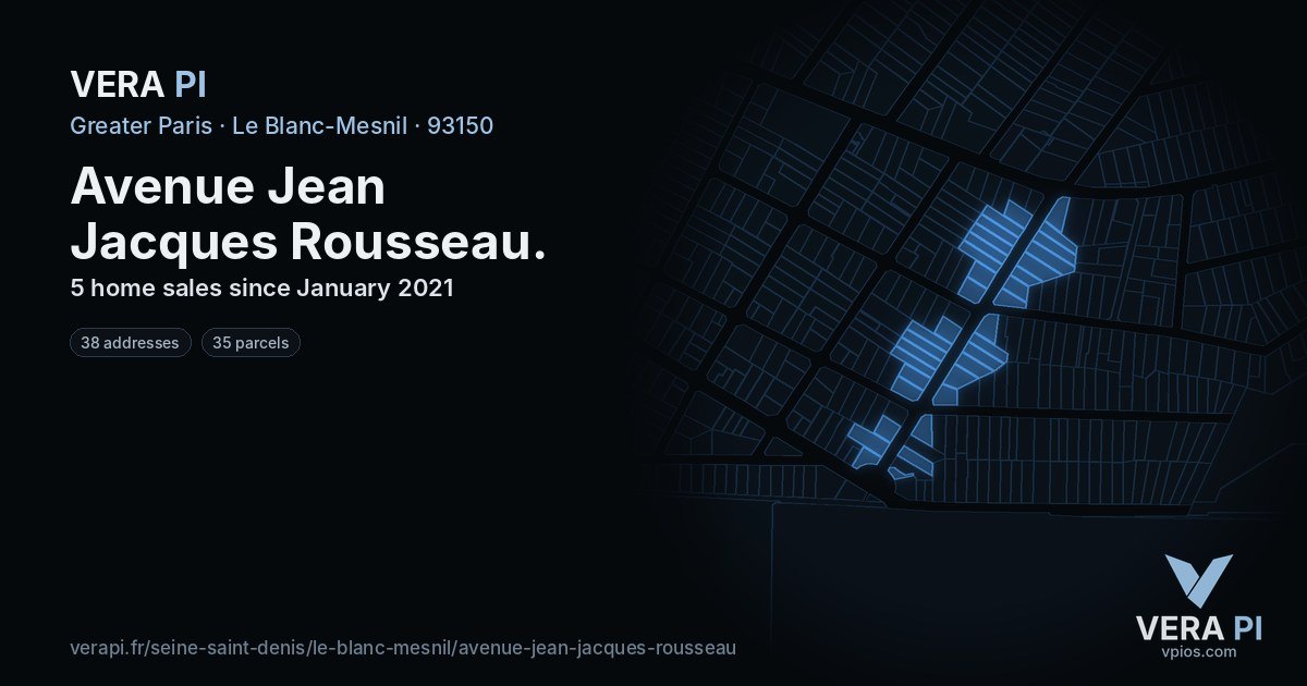 Avenue Jean Jacques Rousseau, Le Blanc-Mesnil at night – every parcel coloured by the prices around it, the street's own parcels lit