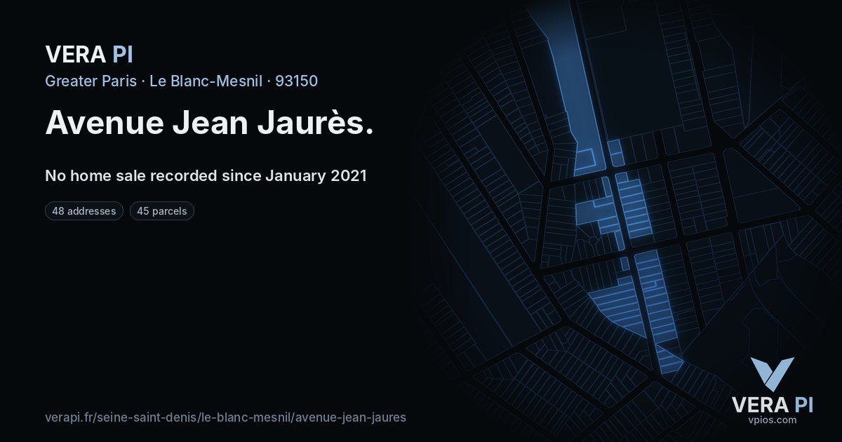 Avenue Jean Jaurès, Le Blanc-Mesnil at night – every parcel coloured by the prices around it, the street's own parcels lit