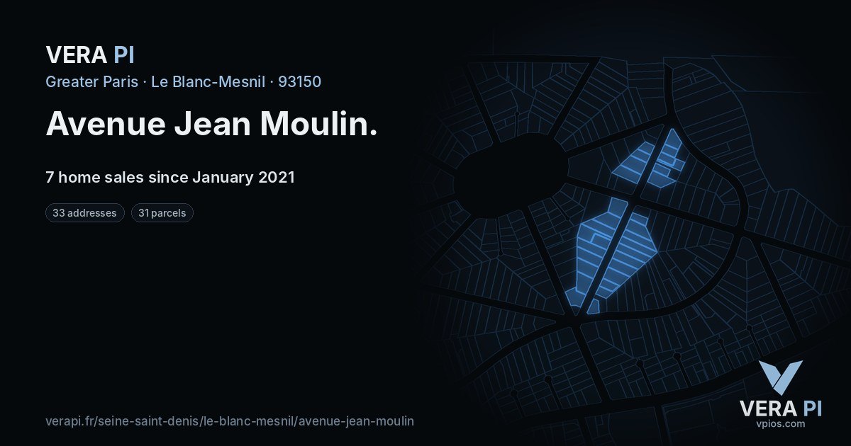 Avenue Jean Moulin, Le Blanc-Mesnil at night – every parcel coloured by the prices around it, the street's own parcels lit
