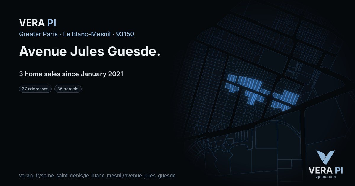 Avenue Jules Guesde, Le Blanc-Mesnil at night – every parcel coloured by the prices around it, the street's own parcels lit