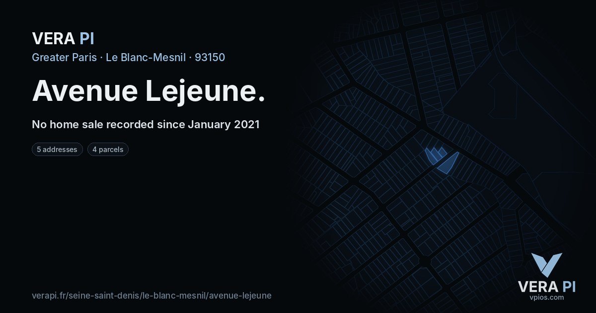 Avenue Lejeune, Le Blanc-Mesnil at night – every parcel coloured by the prices around it, the street's own parcels lit