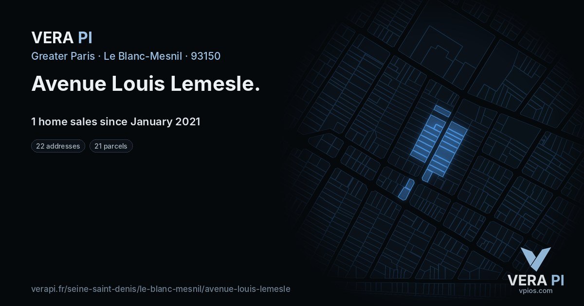 Avenue Louis Lemesle, Le Blanc-Mesnil at night – every parcel coloured by the prices around it, the street's own parcels lit