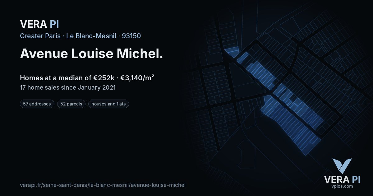 Avenue Louise Michel, Le Blanc-Mesnil at night – every parcel coloured by the prices around it, the street's own parcels lit