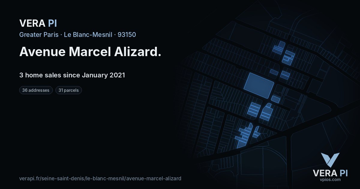 Avenue Marcel Alizard, Le Blanc-Mesnil at night – every parcel coloured by the prices around it, the street's own parcels lit