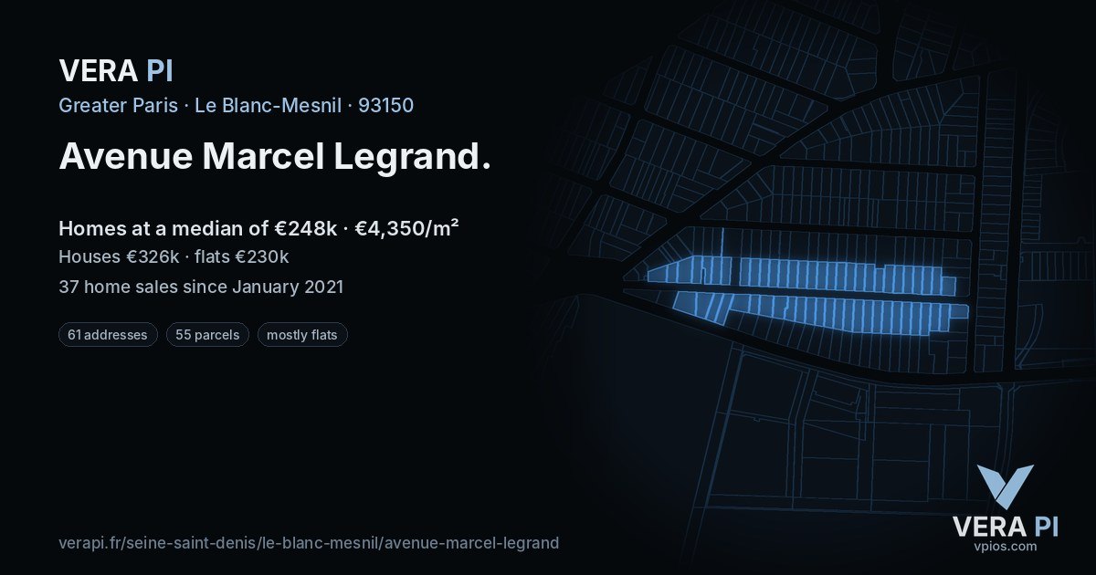 Avenue Marcel Legrand, Le Blanc-Mesnil at night – every parcel coloured by the prices around it, the street's own parcels lit