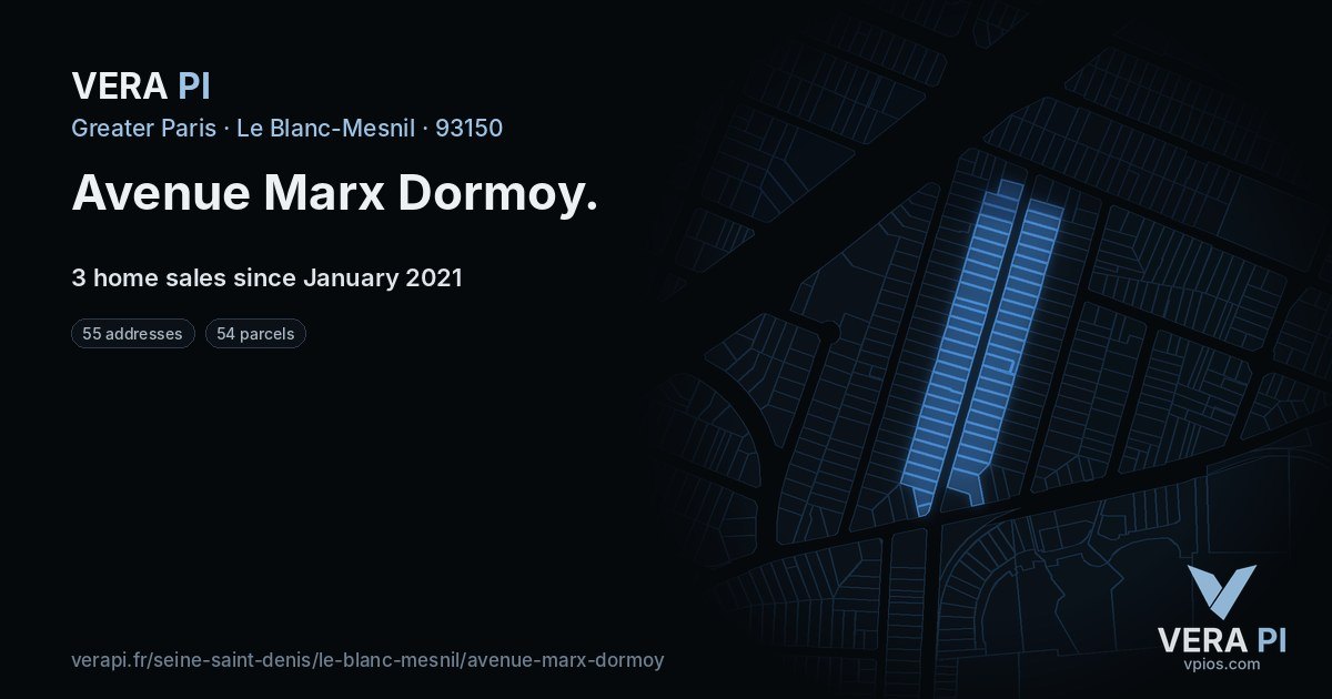 Avenue Marx Dormoy, Le Blanc-Mesnil at night – every parcel coloured by the prices around it, the street's own parcels lit
