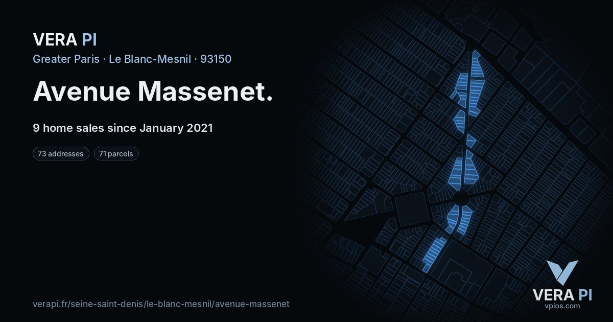 Avenue Massenet, Le Blanc-Mesnil at night – every parcel coloured by the prices around it, the street's own parcels lit
