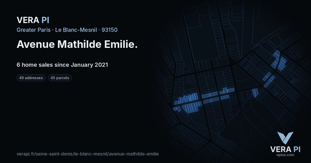 Avenue Mathilde Emilie, Le Blanc-Mesnil at night – every parcel coloured by the prices around it, the street's own parcels lit